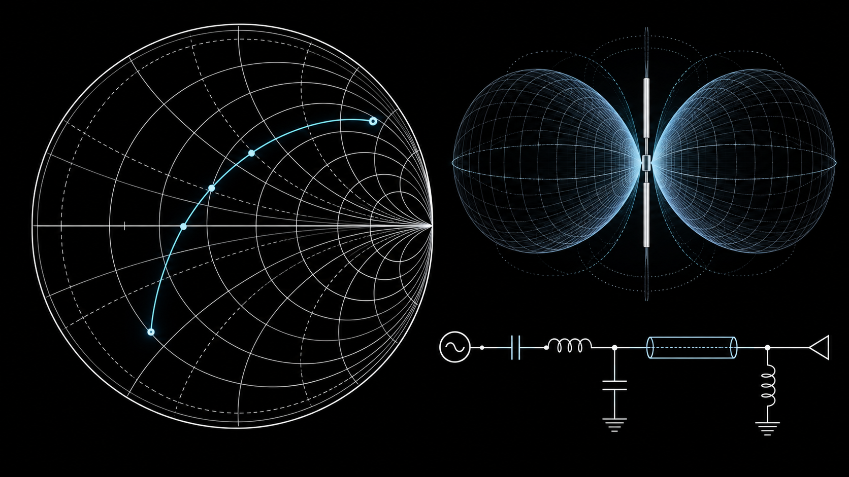 Conceptual RF engineering illustration with a Smith-chart motif, antenna radiation lobes, and an RF matching circuit